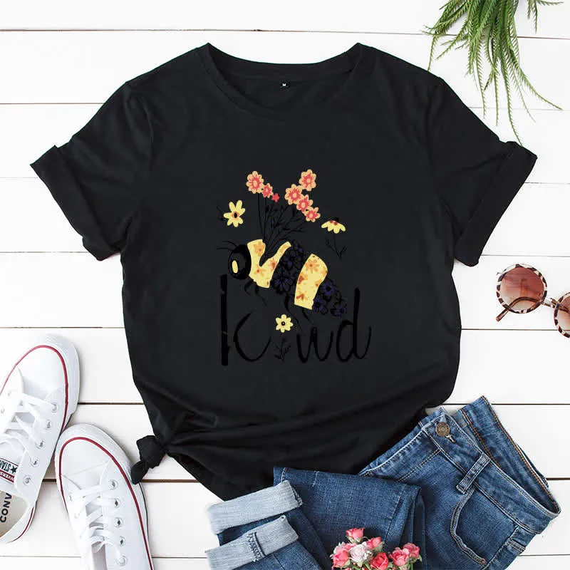 Kurzärmliges T-Shirt mit kreativem Bienen-Blumendruck in Übergröße