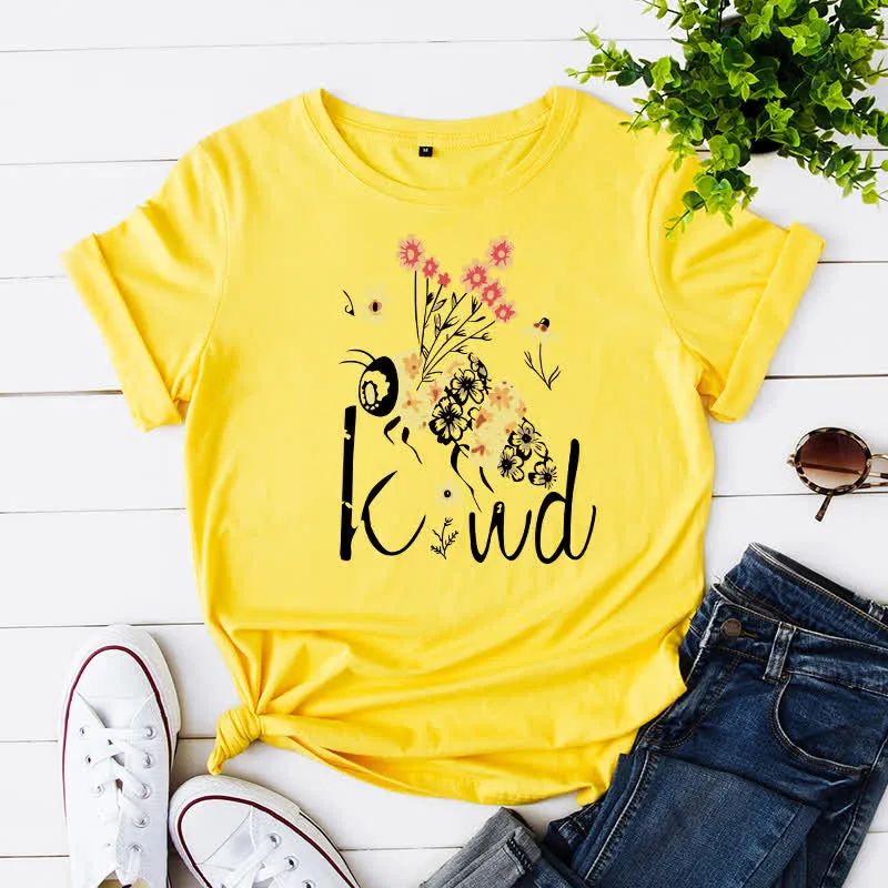 Kurzärmliges T-Shirt mit kreativem Bienen-Blumendruck in Übergröße