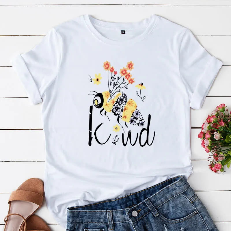 Kurzärmliges T-Shirt mit kreativem Bienen-Blumendruck in Übergröße