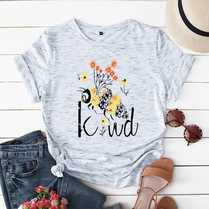 Kurzärmliges T-Shirt mit kreativem Bienen-Blumendruck in Übergröße