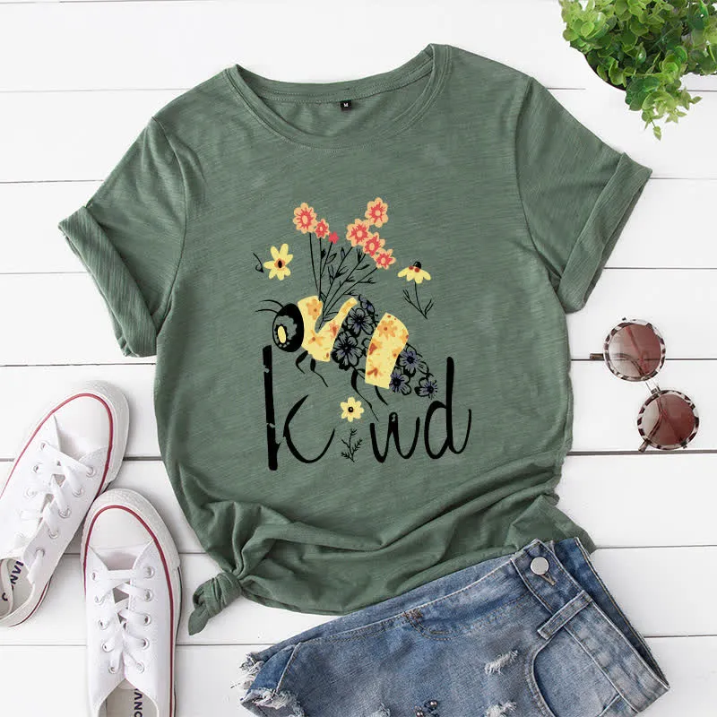 Kurzärmliges T-Shirt mit kreativem Bienen-Blumendruck in Übergröße