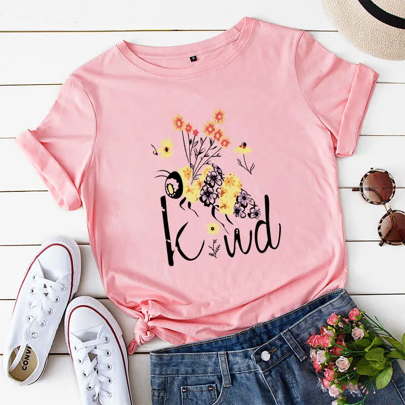 Kurzärmliges T-Shirt mit kreativem Bienen-Blumendruck in Übergröße