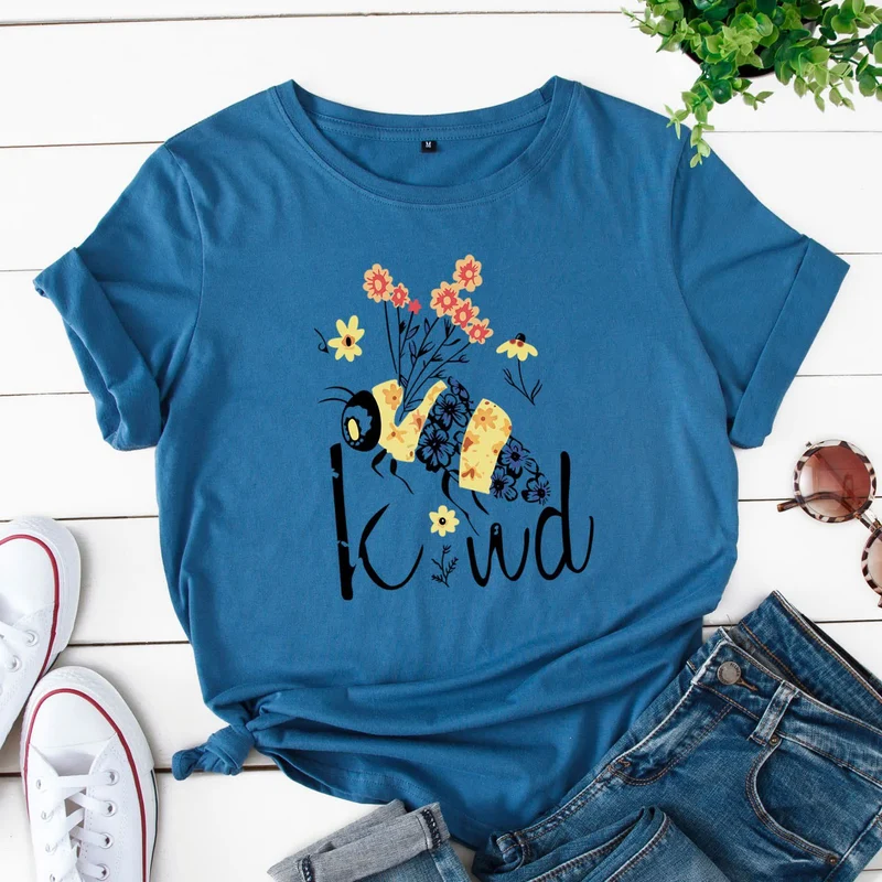 Kurzärmliges T-Shirt mit kreativem Bienen-Blumendruck in Übergröße