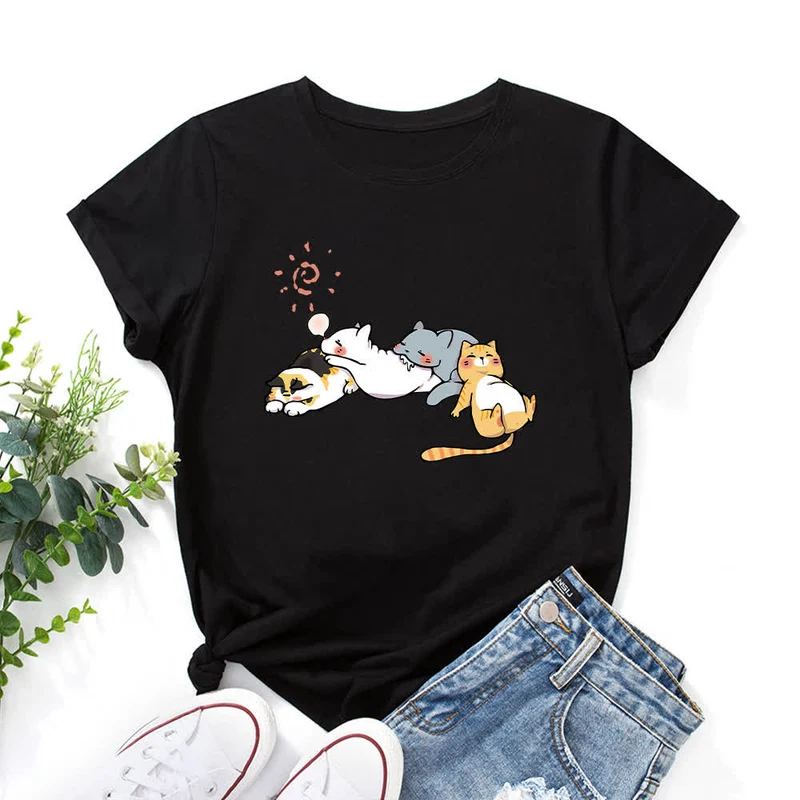 T-Shirt mit Rundhalsausschnitt und kurzen Ärmeln in Übergröße mit Katzen-Print