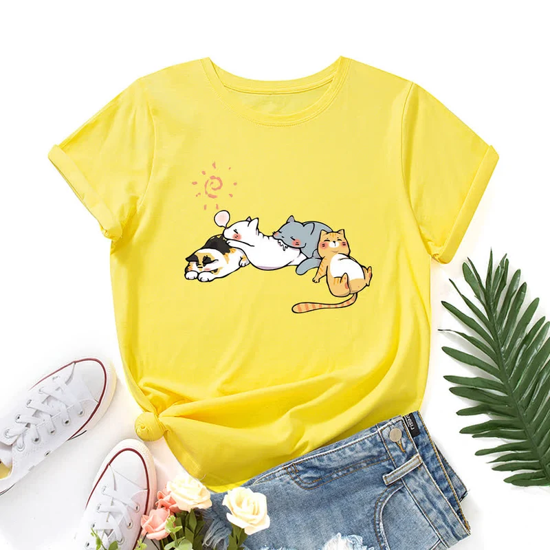 T-Shirt mit Rundhalsausschnitt und kurzen Ärmeln in Übergröße mit Katzen-Print