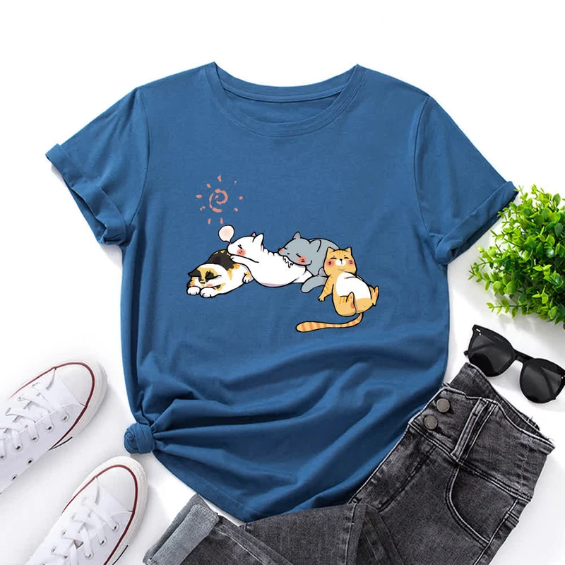 T-Shirt mit Rundhalsausschnitt und kurzen Ärmeln in Übergröße mit Katzen-Print