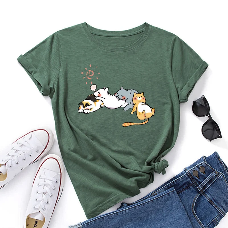 T-Shirt mit Rundhalsausschnitt und kurzen Ärmeln in Übergröße mit Katzen-Print