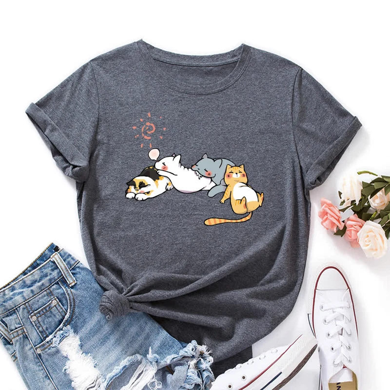 T-Shirt mit Rundhalsausschnitt und kurzen Ärmeln in Übergröße mit Katzen-Print