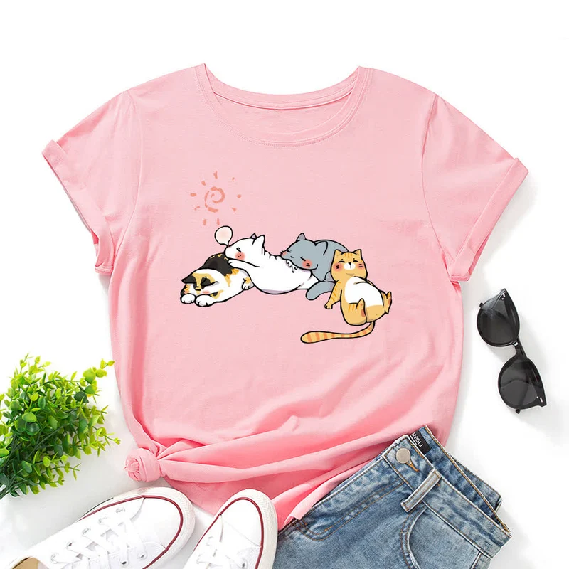 T-Shirt mit Rundhalsausschnitt und kurzen Ärmeln in Übergröße mit Katzen-Print