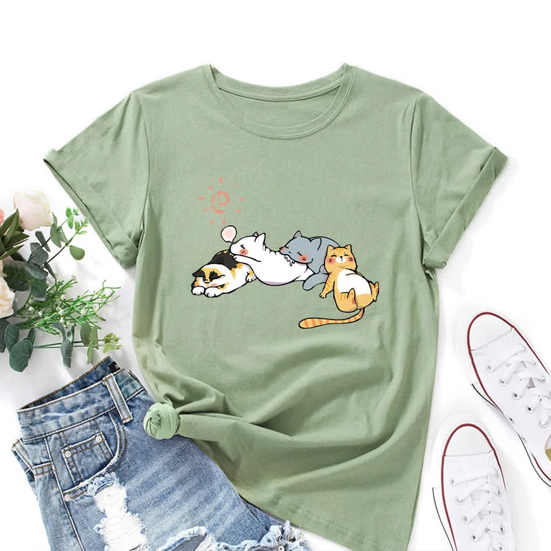 T-Shirt mit Rundhalsausschnitt und kurzen Ärmeln in Übergröße mit Katzen-Print