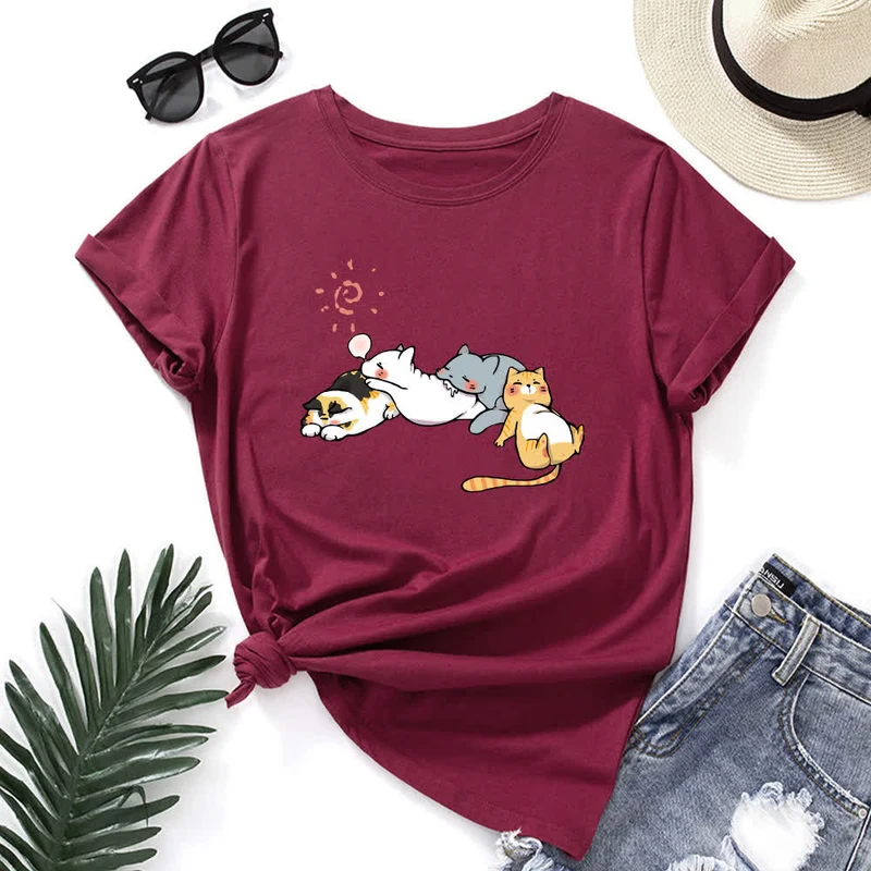 T-Shirt mit Rundhalsausschnitt und kurzen Ärmeln in Übergröße mit Katzen-Print