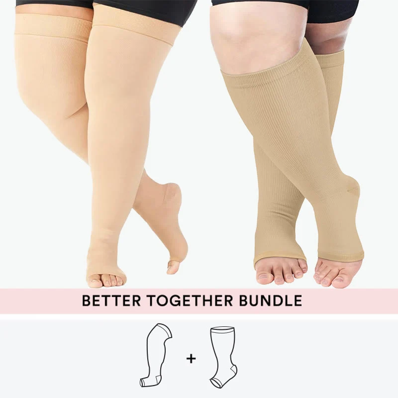 Bundle Übergröße Oberschenkelhohe + Kompressionsstrümpfe mit offener Spitze