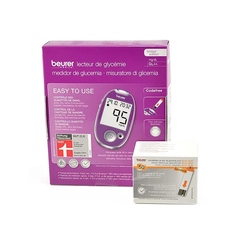 Beurer Blutzucker Messgerät GL 44 mg/dl Lila inkl. 50 Teststreifen