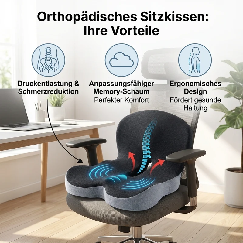 Orthopädisches Sitzkissen mit Memory-Schaum – Entlastung für Steißbein & Rücken