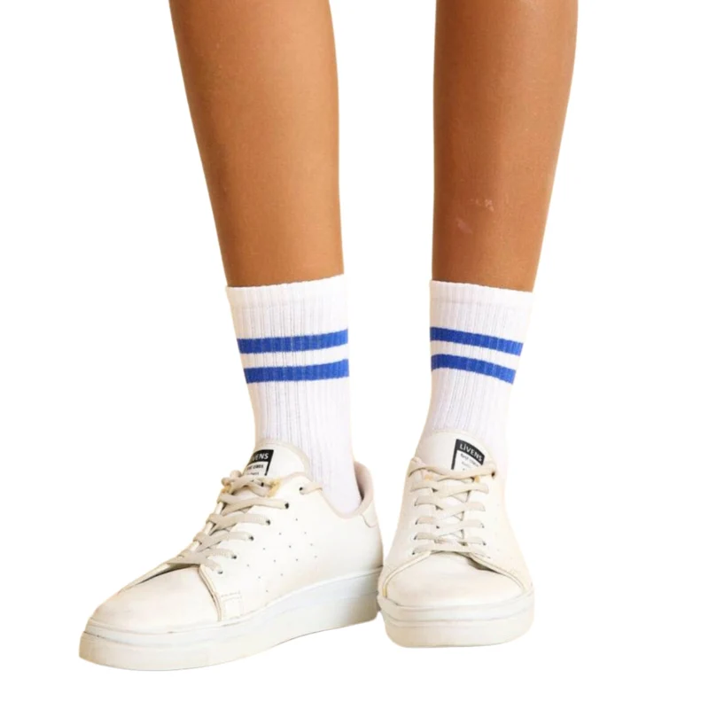 455-6 Socken in Weiss mit blauen Streifen