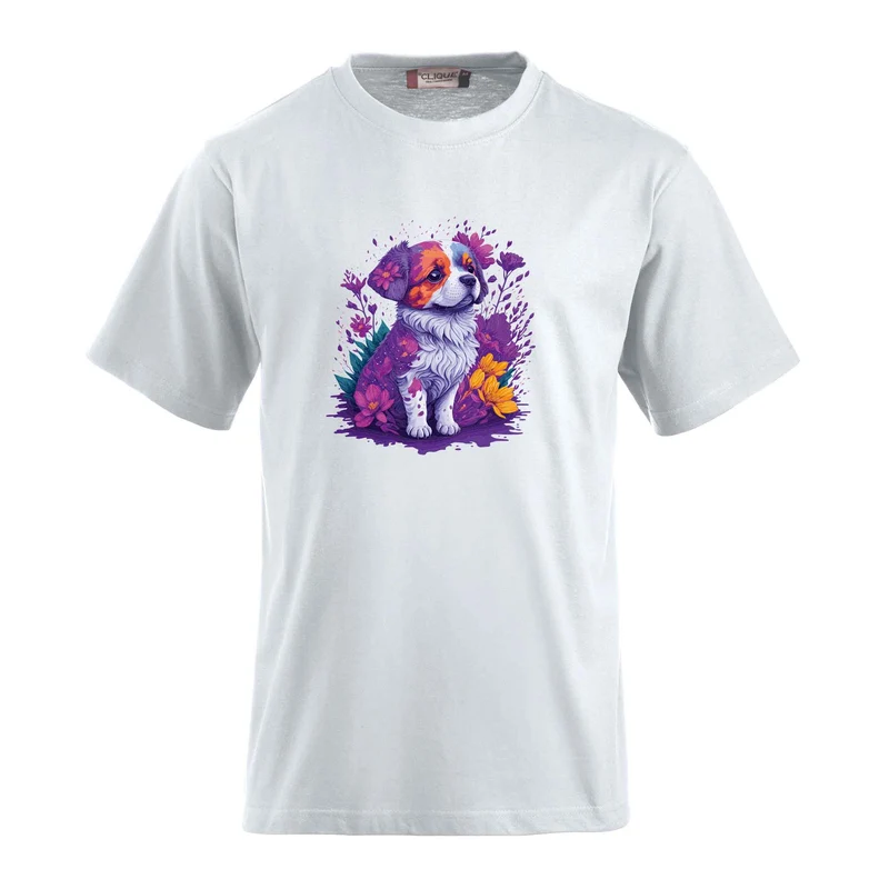 T-Shirt inklusive bedrucktem Motiv eines süssen Hundes in Blumen. Ein individueller Wunschtext kann hinzugefügt werden.