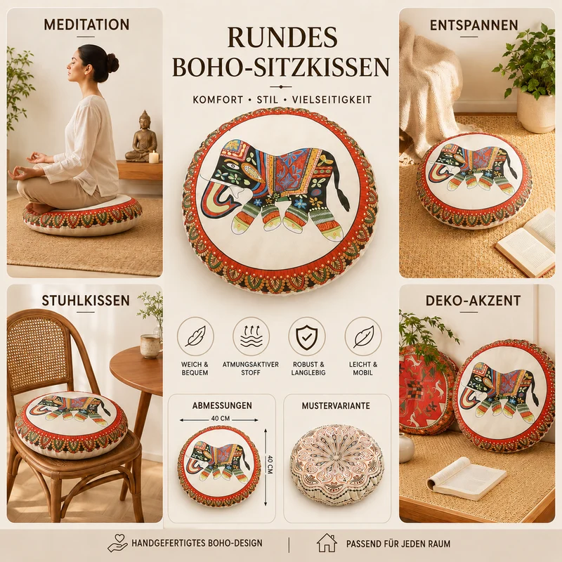 Camp Basel | Solivra Rundes Bohemian-Bodenkissen