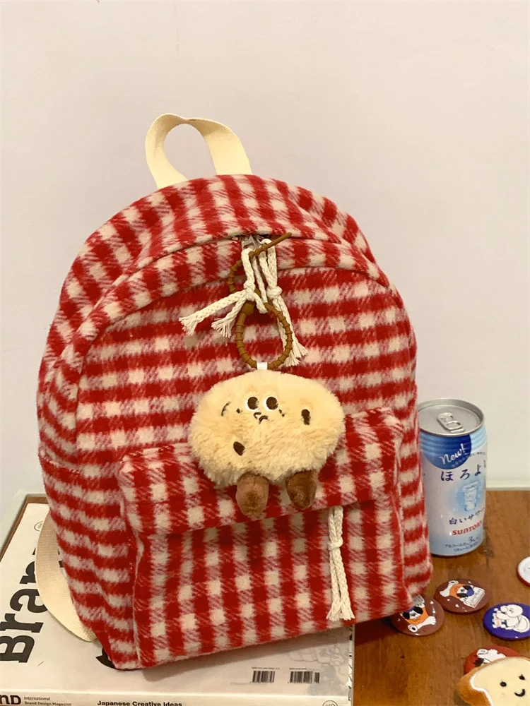Gemütlicher karierter Plüsch-Schulrucksack Skanto