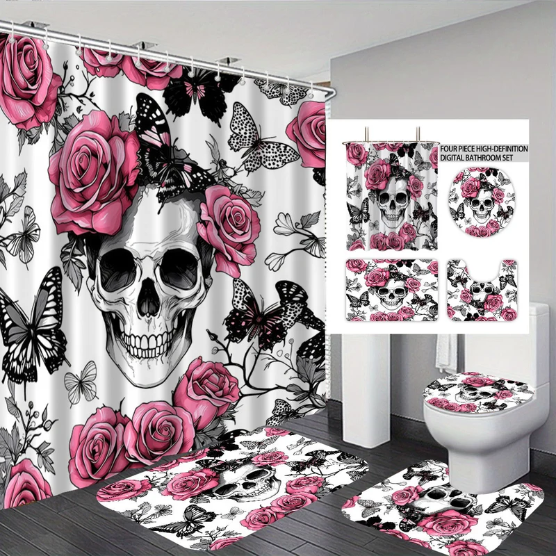 Badezimmer-Set mit künstlerischem Totenkopfmotiv Skanto