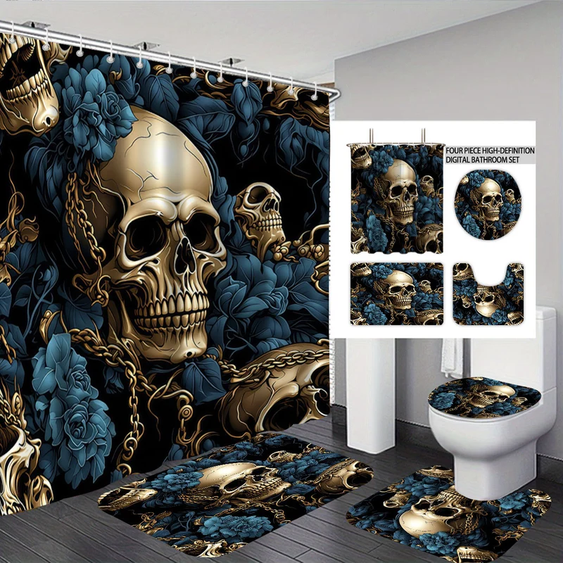 Badezimmer-Set mit künstlerischem Totenkopf- und Blumenmotiv Skanto