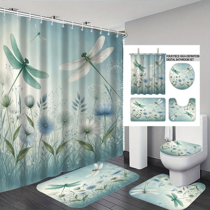 Vierteiliges Digitales Badezimmer-Set mit künstlerischem Libellenmotiv Skanto