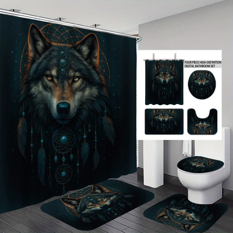 Hochauflösendes Badezimmer-Deko-Set Skanto mit Wolfsmotiv