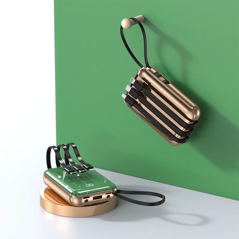 Tragbare Powerbank mit integrierten Ladekabeln und digitaler Ladeanzeige Skanto