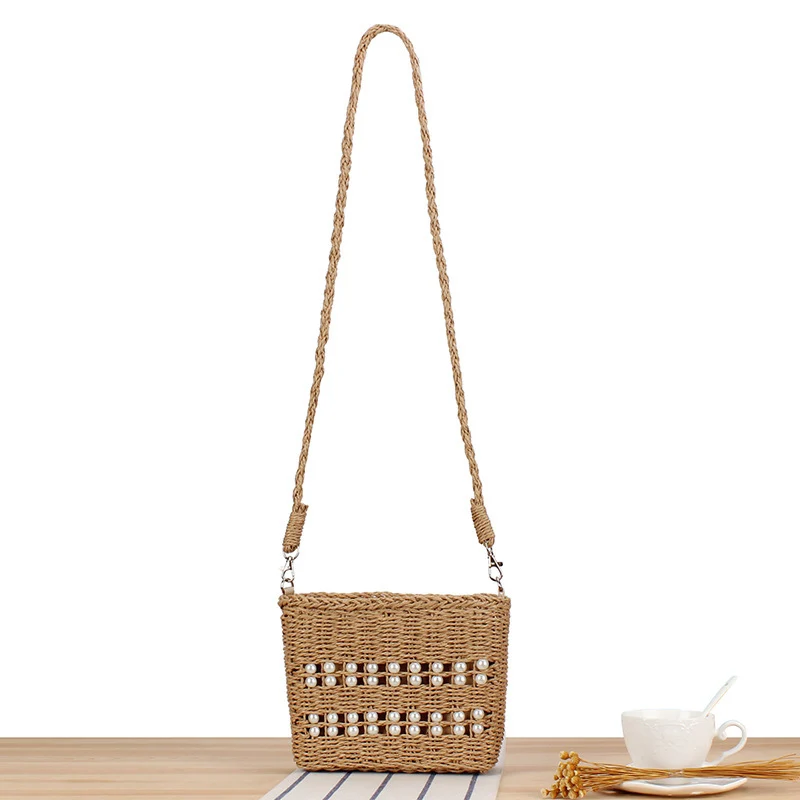Handtasche aus handgewebtem Naturmaterial mit Perlenverzierung Skanto