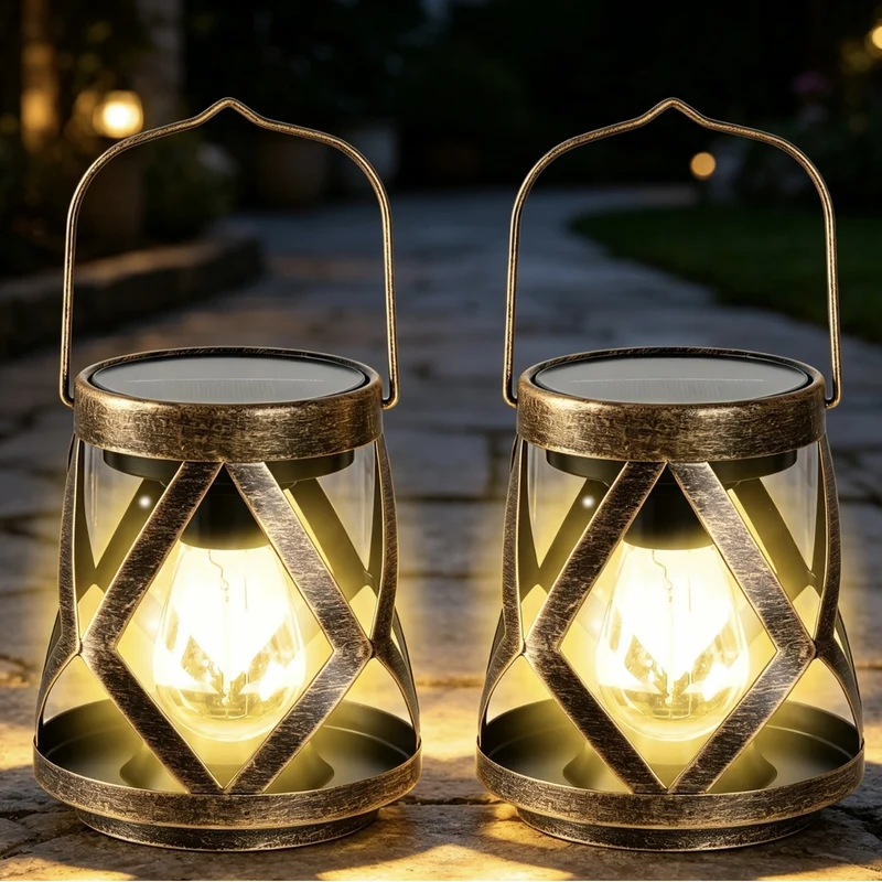 Tragbares Solar-LED-Laternenpaar im Antik-Stil mit integriertem Solarpanel, Tragegriff und wetterfestem Metallgitterrahmen Skanto