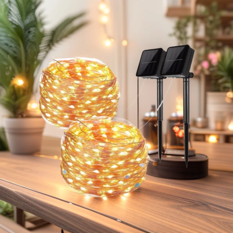 Outdoor Solar Kupferdraht-Lichterkette mit wiederaufladbarer Batteriebox und Erdspieß Skanto