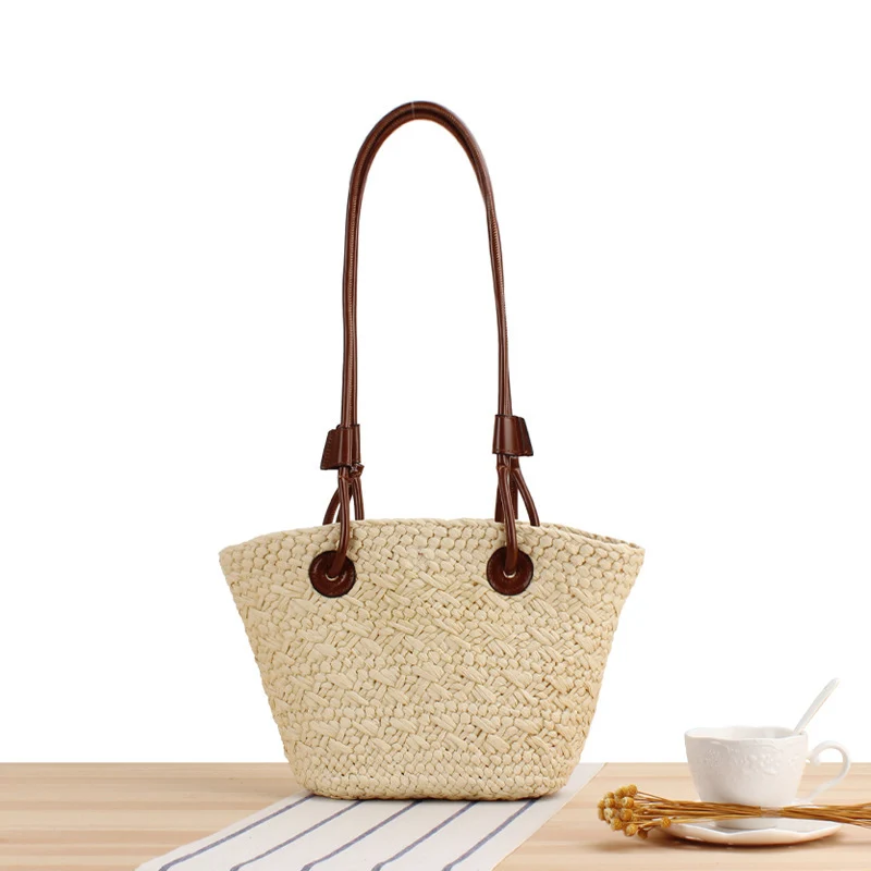 Handgemachte Strandtasche mit braunen Ledergriffen Skanto