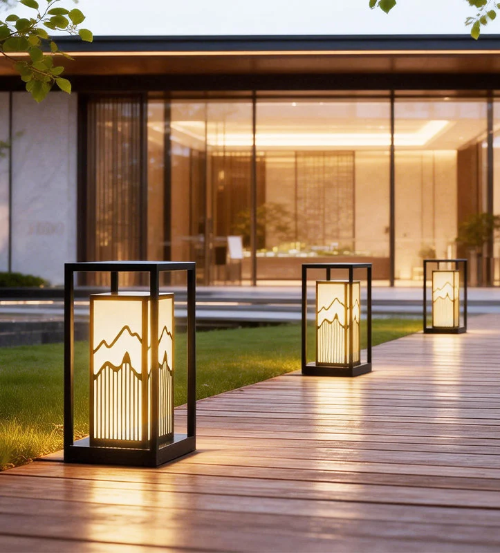 Japanisch inspirierte LED-Außenlaterne mit Holzrahmen Skanto