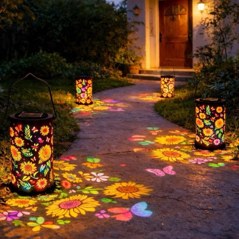 Solar-Laterne mit Sonnenblumen-Metallzylinder und Tragegriff Skanto