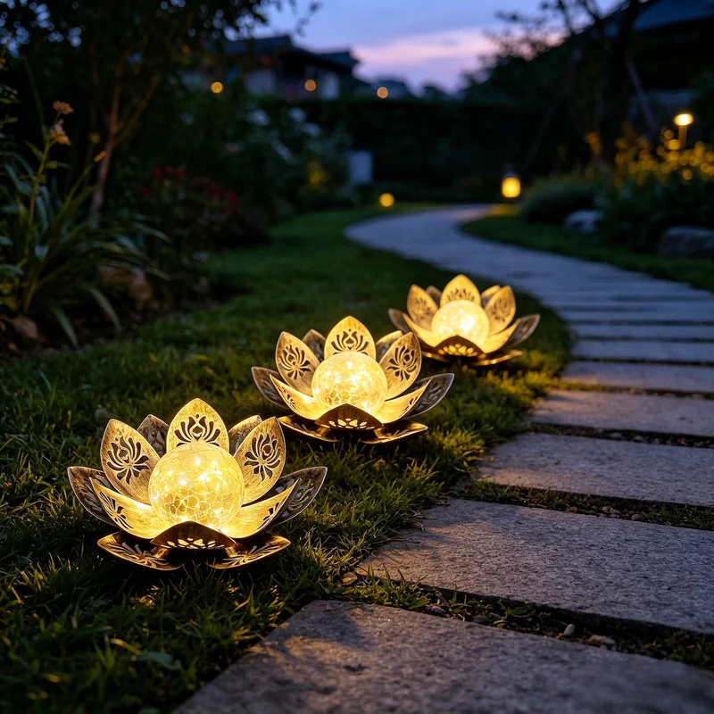 Dekorative Solar-Lotus-LED-Gartenlaterne mit gesprungener Glaskugel und lasergeschnittenen Metallblättern Skanto