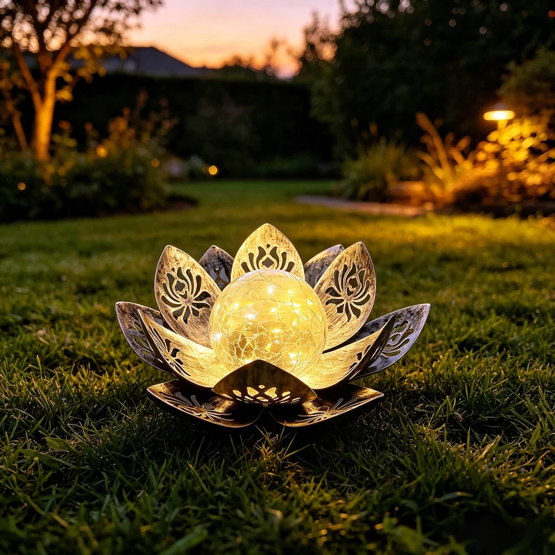 Dekorative Solar-Lotus-LED-Gartenlaterne mit gesprungener Glaskugel und lasergeschnittenen Metallblättern Skanto