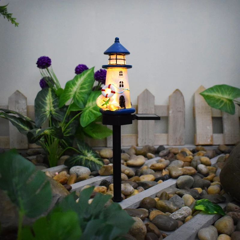 Skanto Harz-Leuchtturm-LED-Gartensteckerlampe mit integriertem Solarpanel und Rettungsring-Ornament Skanto