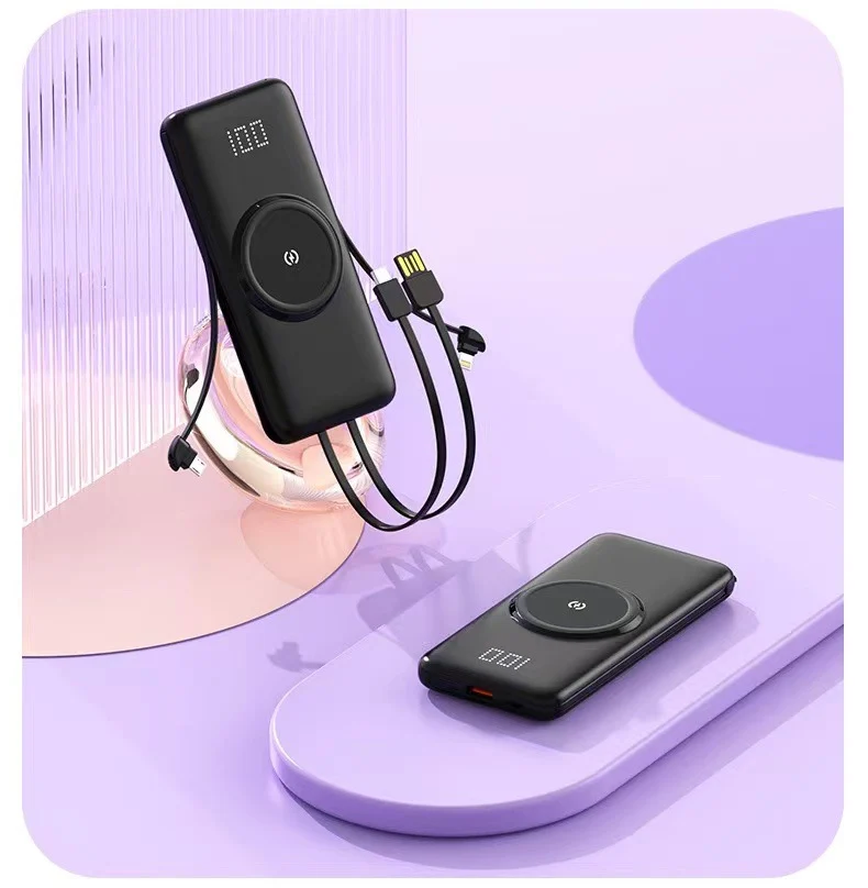 Tragbare Powerbank mit kabellosem Laden und integriertem Ladekabel Skanto