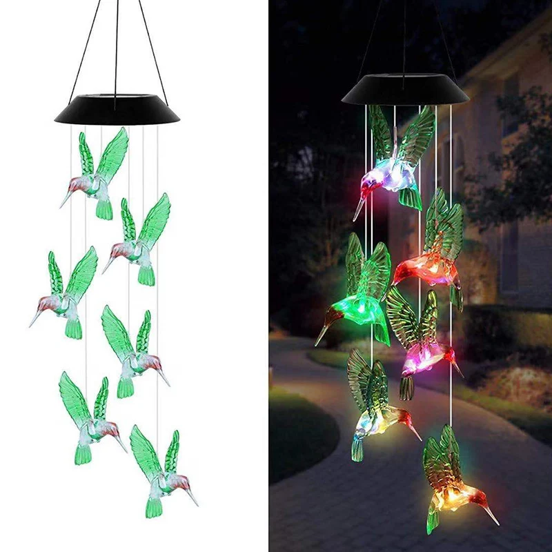 Solarbetriebenes hängendes Kolibri-LED-Windspiel mit farbwechselnden RGB-Acrylvögeln und wetterfestem Oberteil Skanto