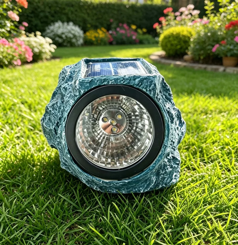 Solarbetriebener LED-Gartenstrahler in Felsoptik mit integriertem Solarpanel und wetterfestem Gehäuse aus strukturiertem Harz Skanto