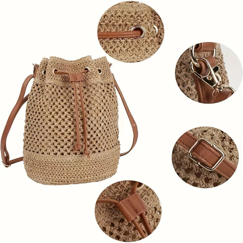 Elegante Handtasche aus gewebtem Naturmaterial mit stilvollem Kordelzug Skanto