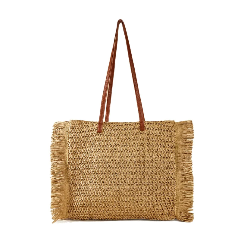Große gewebte Strandtasche mit Fransen und Ledergriffen Skanto