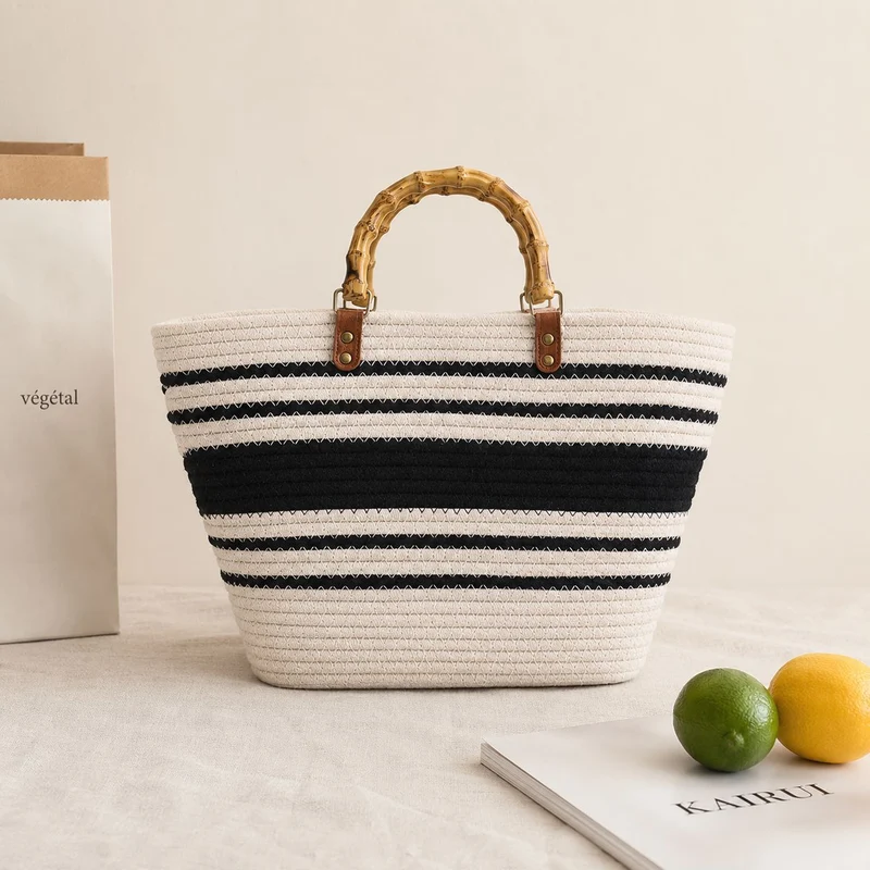 Strandtasche mit Bambusgriff und Streifen-Design Skanto