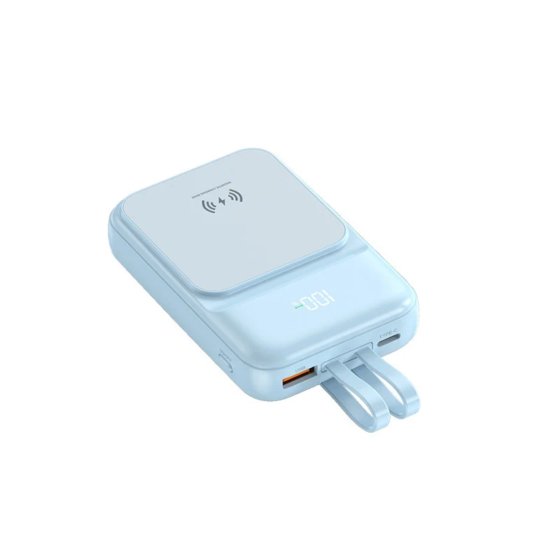 Tragbare Powerbank mit kabelloser Ladefunktion und integriertem Ladekabel Skanto