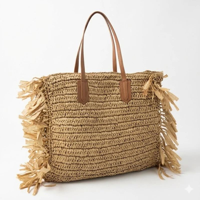 Stilvolle Strohtasche mit Fransen-Details Skanto