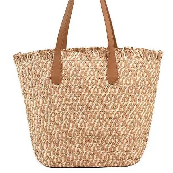 Multifunktionaler Raffia-Shopper mit eleganten Ledergriffen Skanto