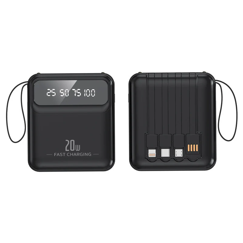 Tragbare Powerbank mit integrierten Ladekabeln und digitaler Kapazitätsanzeige Skanto