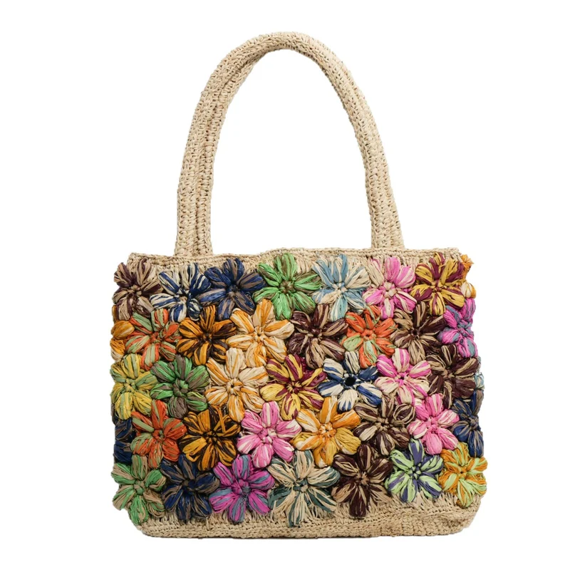 Handgemachte Strohtasche mit floralen Applikationen Skanto