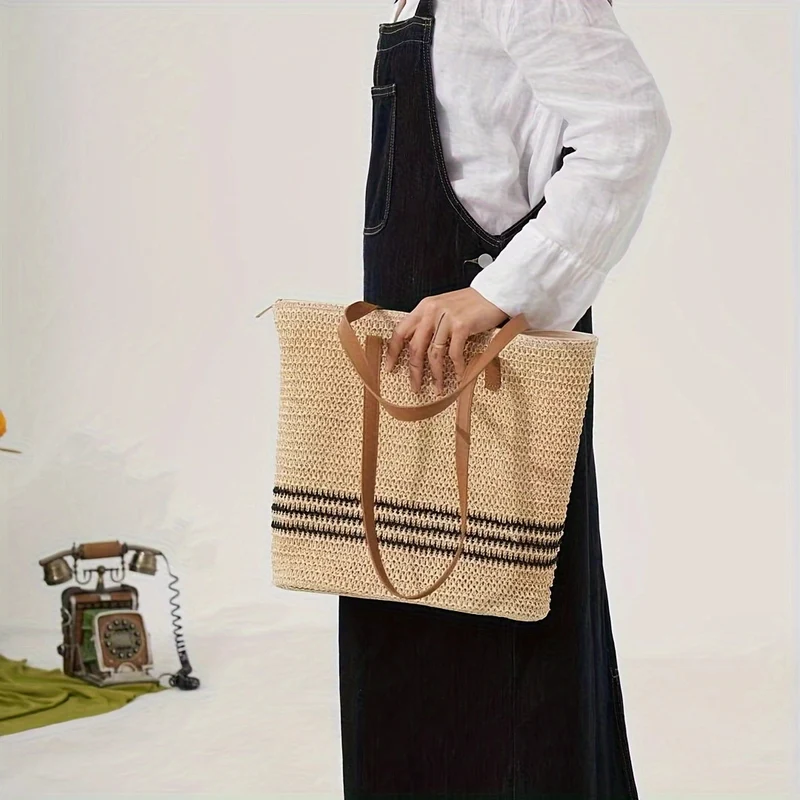 Moderne Stroh- und Ledertasche Skanto