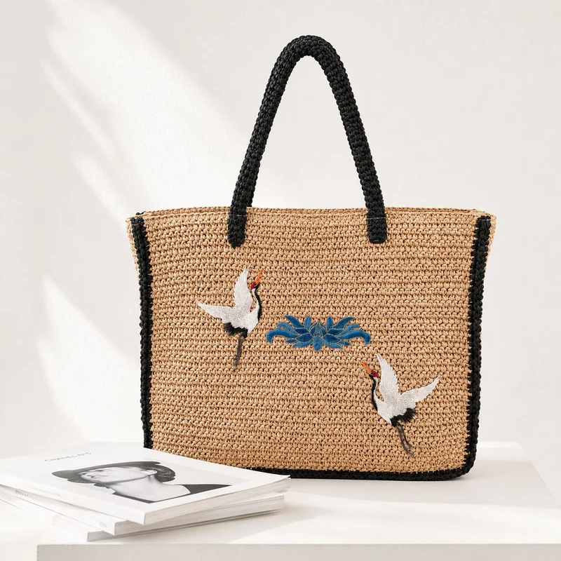 Elegante Stroh-Tote-Bag mit künstlerischem Stickdesign Skanto