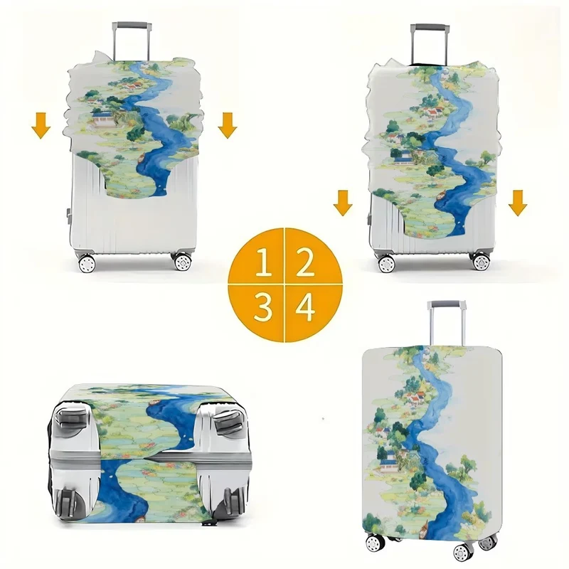 Unisexer nicht-dehnbarer Kofferbezug mit detailliertem Fluss- und Dorf-Illustrationsdruck, reißfester Stretch-Schutz für Hartschalen- und Stoff-Trolleys Skanto